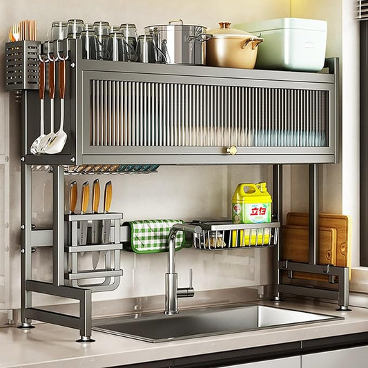 Hdrriozu Over the Sink Dish Drainer Drying Rack 3 Tier with Cover | Rust resistant built to last. Easy install simple tools. Holds all dishes glasses bowls. Space saving over sink tidy kitchen.