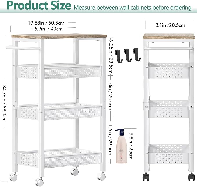 Vivihomety 4-Tier Laundry Utility Rolling Cart with Wheels, Kitchen & Bath | Narrow 8.1" wide, lockable wheels, wood top panel, metal frame, for laundry room, small spaces, pantry, tight gaps, White