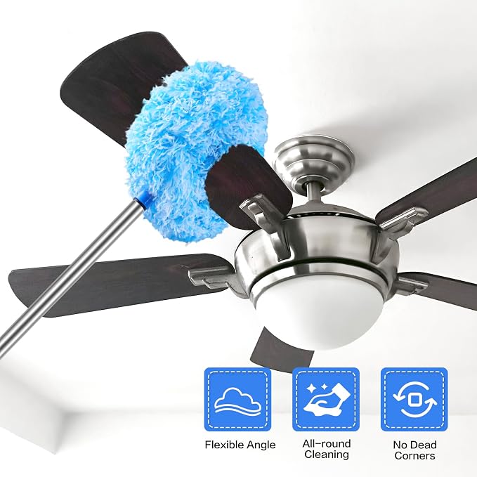 Ceiling Fan Cleaner Duster Reusable Microfiber Ceiling Fan Blade Cleaner Removable Duster with Extension Pole Adjusts 13 to 49.7 Inch for Cleaning Walls Furniture Door Window Top (Blue White)