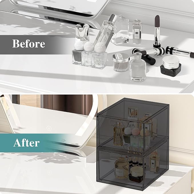 SpaceHacks 6 Pack Stackable Makeup Organizer and Storage, Acrylic Organizers，Clear Plastic Storage Drawer with Pull-Out Handles for Vanity, Undersink, Kitchen Cabinets, Pantry, Black