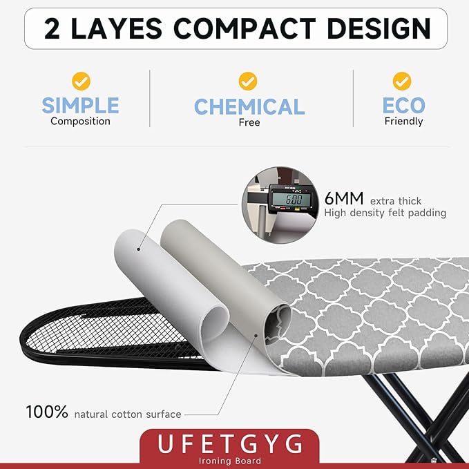 UFETGYG Ironing Board with Silicone Iron Rest pad,Extra Thick Cover,14x54 Compact and Space Saver Iron Board, Height Adjustable,Stable Structure, Easy to Fold, White and Gray