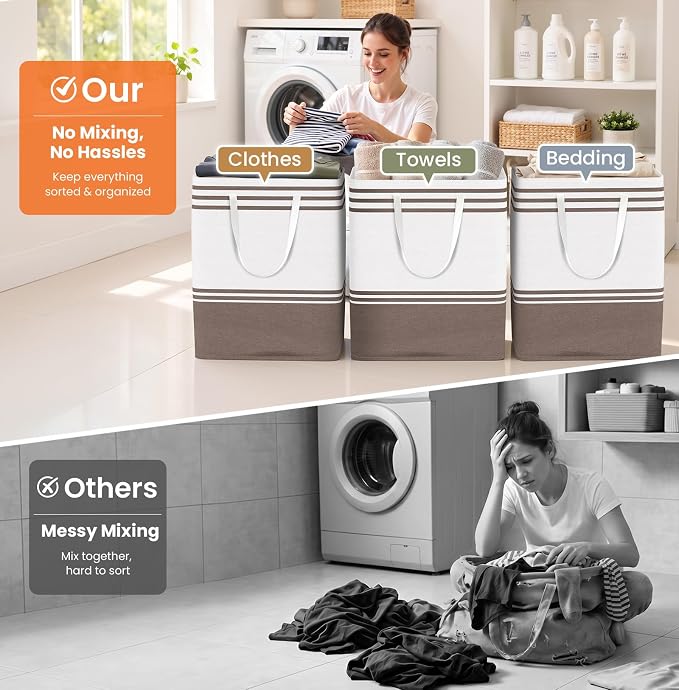 TranquilRelax 3-Pack Laundry Basket, Laundry Hamper, Khaki-100L | Freestanding＆Water-Resistant Laundry Hamper, Collapsible Tall Clothes Hamper with Carry Handles for Clothes, Laundry Basket