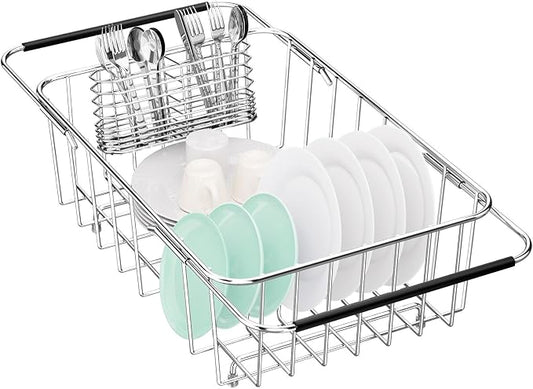 Fanbsy Small Dish Drainer Rack in Sink Adjustable, Expandable Stainless Steel Metal Dish Drying Rack Organizer with Stainless Steel Utensil Holder Over Inside Sink Counter, Rustproof(for 1-2 People)
