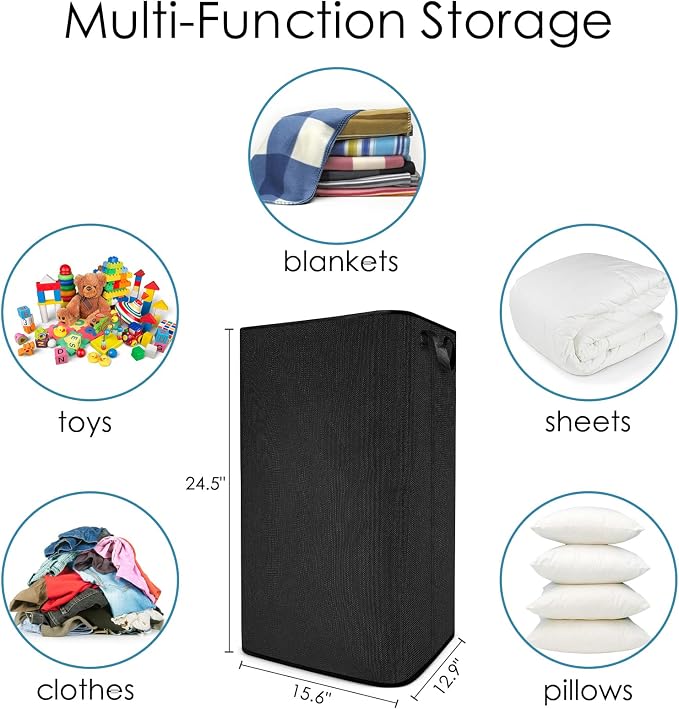 SNIGJAT Large Laundry Basket, 80L Collapsible Tall Hamper with Handle Black | Dirty Clothes Hamper for Bedroom, Rectangular Sturdy Laundry Basket for College, Dorm, Towels, Toys