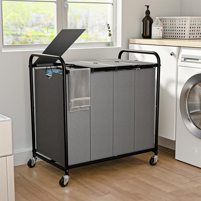 Laundry Sorter 4 Sections 48 Gal, Rolling Laundry Basket with Wheels ＆ Lid | Laundry Hamper, 4 Separated Removable Bags, Lockable Wheels, Dirty Clothes Hamper for Laundry Room Organizer, Grey
