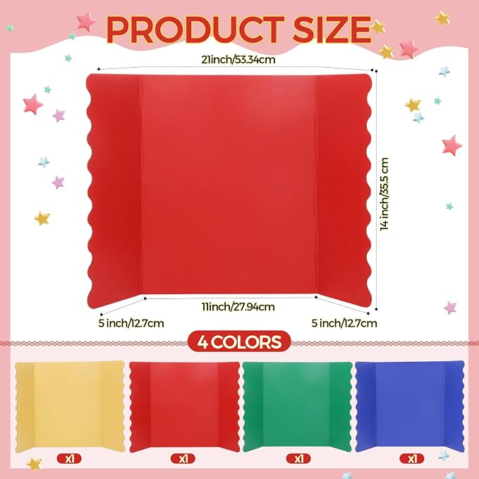 Mooliwe 4 Pack 21" x 14" Rainbow Trifold Poster Board, Mini Foldable Corrugated Presentation Display Board with Scalloped Border for Science Fair Events, School Projects, Back to School Supplies
