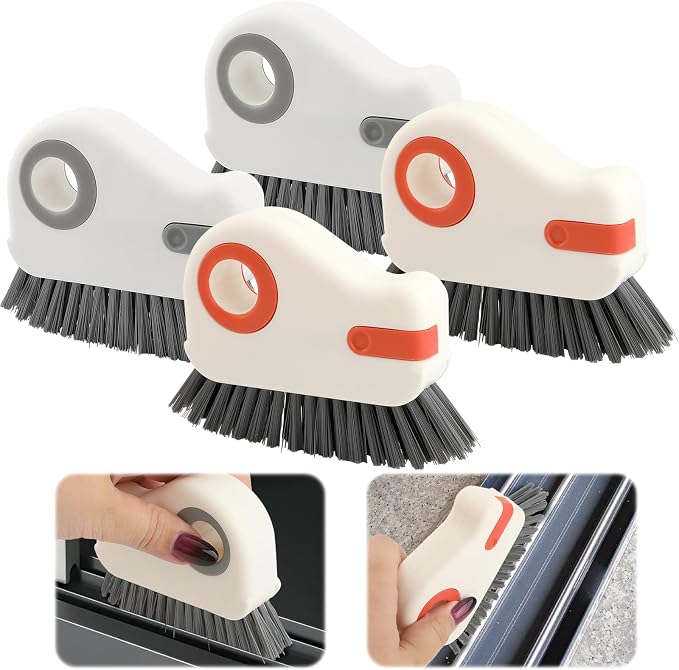 4-Pack 2-in-1 Groove Cleaning Brush with Hidden Scraper, Hard Bristle Window Track Cleaning Tool, Crevice & Grout Scrubber for Sliding Door Tracks, Sink Edges, Shower Door Grooves