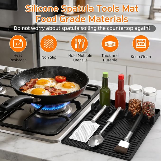 Griddle Mat Barbeque Grill Accessories Tools for Blackstone, Side Shelf Mat Grill Pad for Outdoor Grill Kitchen Counter Spatula Silicone Mat with Drip Pad for Kitchen, Cooking, Countertop (Black)