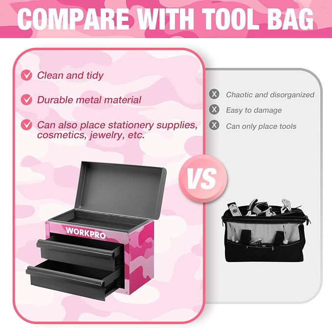 WORKPRO Metal Mini Tool Box with 2 Drawers and Top Storage | Cold Rolled Steel Toolbox, Ball Bearing Slides, PVC Drawer Liners, PP Feet Pads, Durable Storage