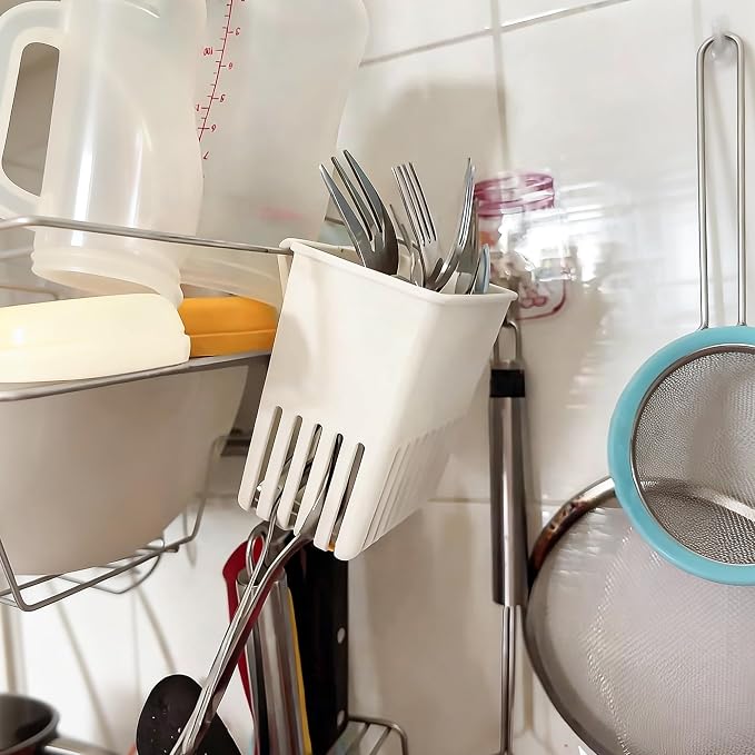 2PCS Silverware Drainer Drying Basket for Sink – Compact Kitchen Utensils Holder, Cutlery Storage Organizer with Cup, Dish Hanging Drain Rack for Forks, Spoons, Knives & Chopsticks (White, Plastic)