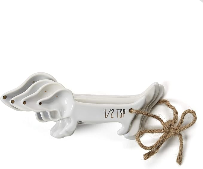 VOTUM Dachshund Measuring Spoons, Ceramic, Set of 4, Dog Lover Gifts | Weiner or Wiener Dog Themed Kitchen Baking Tools, White Ceramic, Gift for Dachshund Lovers