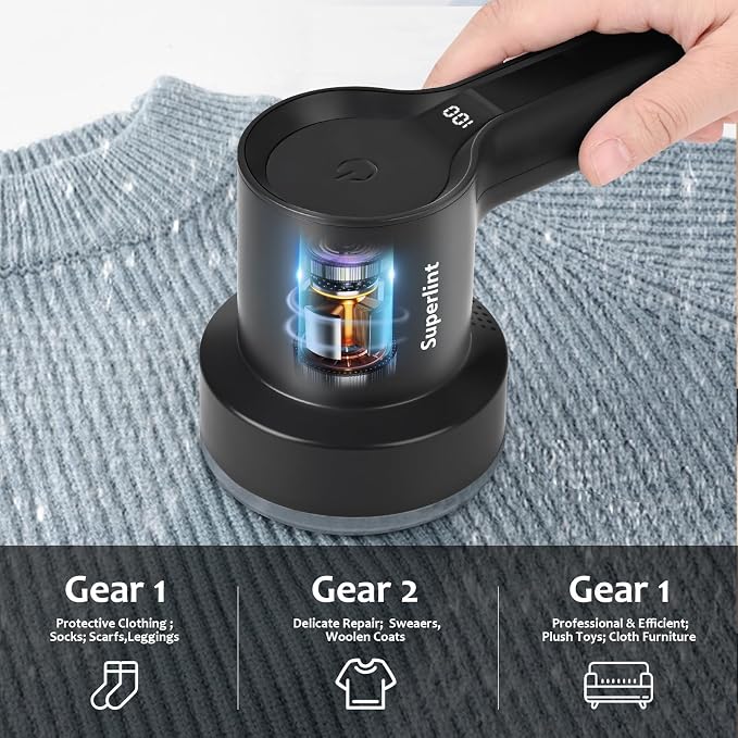 SuperLint 2-in-1 Rechargeable Fabric Shaver LED 3-Speed Lint Remover Black | Electrostatic Brush,2000mAh Battery,USB C Rechargeable,2-3H Long Runtime,auto-stop safety,6-Leaf Blade,2 replacement blades