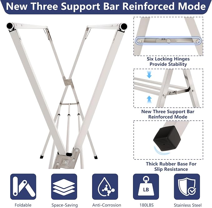 shengshi 63in Foldable Clothes Drying Rack,3 Additional Reinforcement Bars | Heavy Duty Stainless Steel Laundry Drying Rack Indoor Outdoor, Adjustable Length Clothes Rack with 20 Windproof Hooks