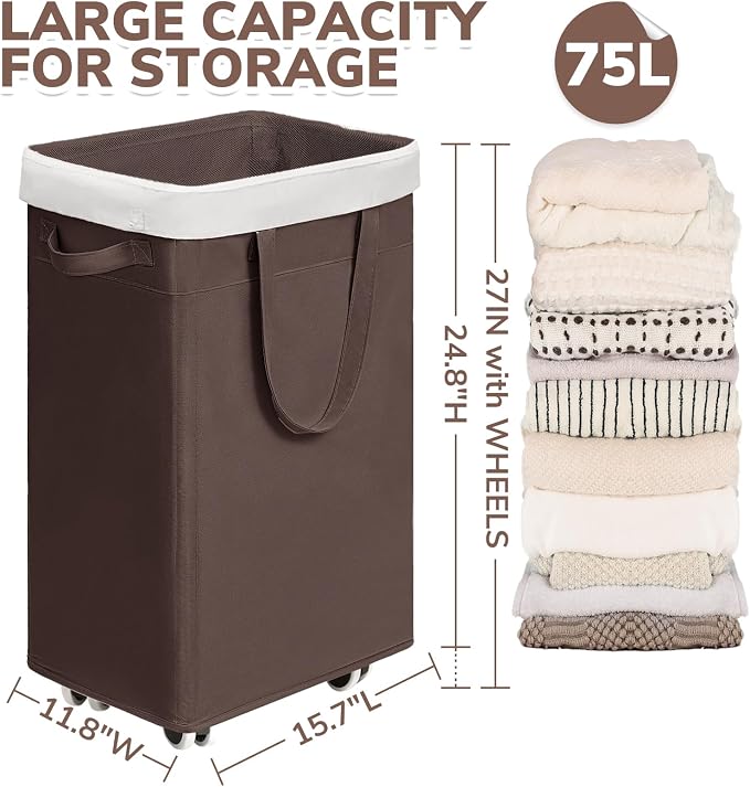 CHICVITA 75L Large Rolling Laundry Basket with Wheels & Wash Bag, Coffee | Clothes hamper for laundry room and living room. Removable wash bag for easy wash-day transpor