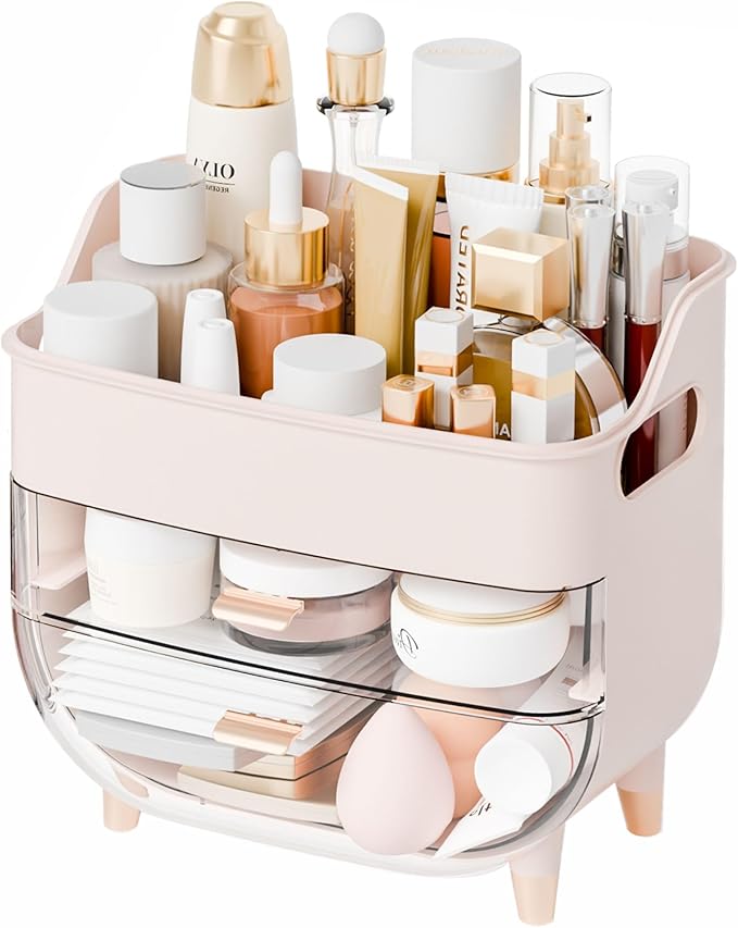 Yieach Countertop Makeup Organizers with Drawers and Handle,Large Cosmetic Organizer for Bathroom Vanity and Dressing,Pink Cosmetic Display Cases for Hair Tool,Beauty Products,Skin Care Organizer