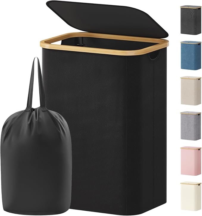 Lifewit 80L Laundry Basket with Lid, Clothes Hampers for Laundry with Bamboo Handles and 1 Removable Bag, Large Foldable Laundry Hamper for Bedroom, Bathroom, Dorm, Laundry Room, Black