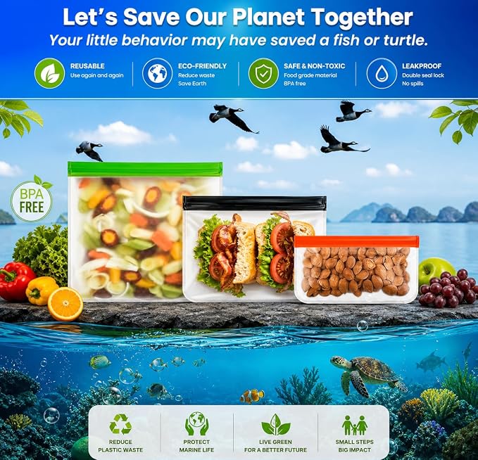 10-Pack Reusable Silicone Food Storage Bags – BPA-Free, Leakproof Ziplock Set | Includes 3 Snack, 4 Sandwich & 3 Gallon Sizes | Eco-Friendly & Plastic-Free Freezer-Safe for Meal Prep & Food Storage