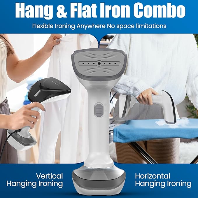 Powerful Handheld Fabric Steamer - 1800W with Fast Ceramic Heat-Up Plate, 2-in-1 Ironing & Wrinkle Remover, Steam Nozzle, Lint Brush - White, for US 120V Only