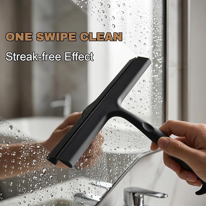 Shower Squeegee for Glass Doors, 10 Inch Silicone Shower Squeegee with Built-in Hook, Squeegee for Shower Glass, Bathroom Shower Door Squeegee for Tile Wall, Mirror, Window, Car Glass (Black)