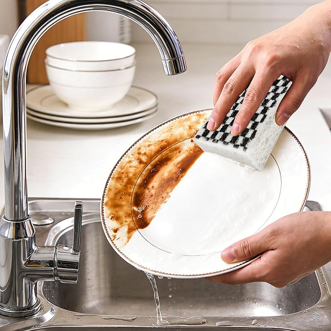 Scratch Scrub Sponge, 6 Kitchen Sponges for Cleaning Around the Home, Bathroom & More, Large Size Scratch-Free Dish Scrubber, Best for Nonstick Pots and Pans (4" x 6" x 1", Black+White)