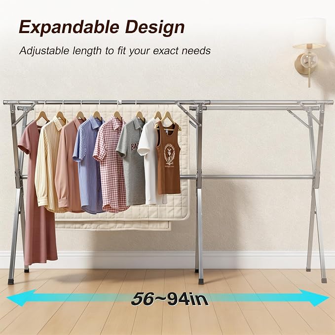 Spreezy 94 Inch Clothes Drying Rack, Stainless Steel, Indoor/Outdoor | Adjustable Length Holds 44 bs. Zero Assembly. Foldable Laundry Drying Rack. Portable, Space-Saving, with Windproof Hooks