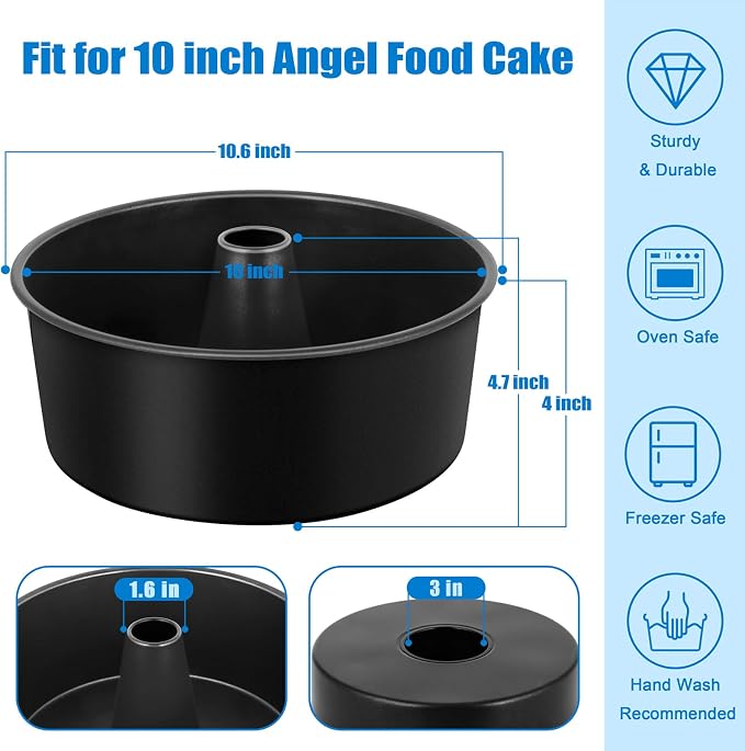 TeamFar 10 Inch Angel Food Cake Pan, Non-Stick Coating Stainless Steel Core Pound Cake Pan with Tube, for Home/Kitchen, Healthy & Heatproof, One-piece & Hollow Design, Release& Clean Easily