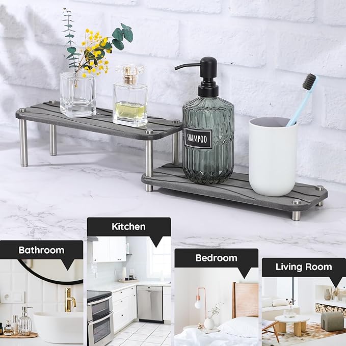 Segbeauty 2 Tier Fast Drying Diatomaceous Earth Tray, 11x4.3in Water Absorbing Stone Drying Vanity Tray for Countertop, Bathroom Counter Rack Kitchen Sink Organizer Dish Soap Sponge Holder Dark Gray