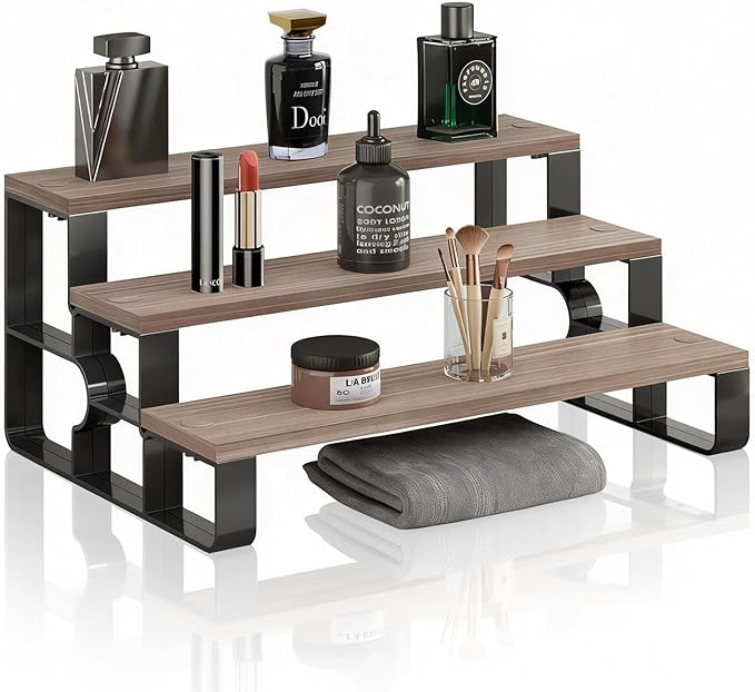 Cologne Organizer for Men,Perfume Organizer for Dresser,3 Tier Bathroom Organizer,Makeup Organizers,Wooden Display Riser Stand Holder for Vanity,Bedroom(Walnut-Width=11.2")