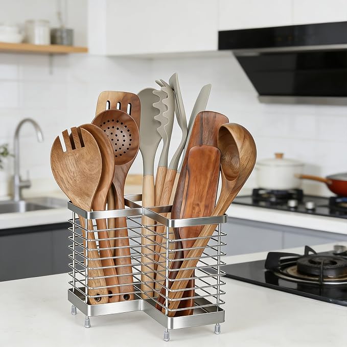 Utensil Holder, Stainless Steel Corner Utensil Holder for Kitchen Counter, 3 Compartments Utensil Crock Organizer for Spatulas, Silverware, Forks, Knives, Spoons & Cooking Tools