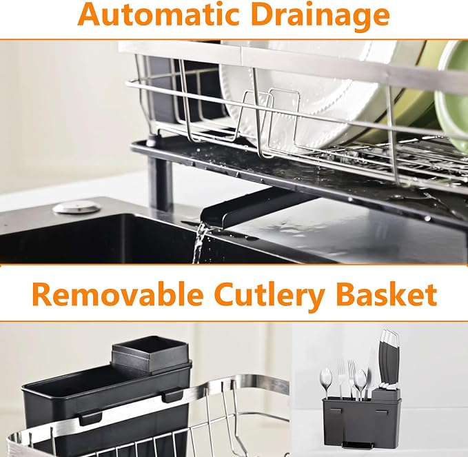 AIDERLY Stainless Steel Dish Drying Rack Dish Drainer, Black | Extendable Drain Spout, Utensil Holder, Knife Slots, Compact for Kitchen Counter