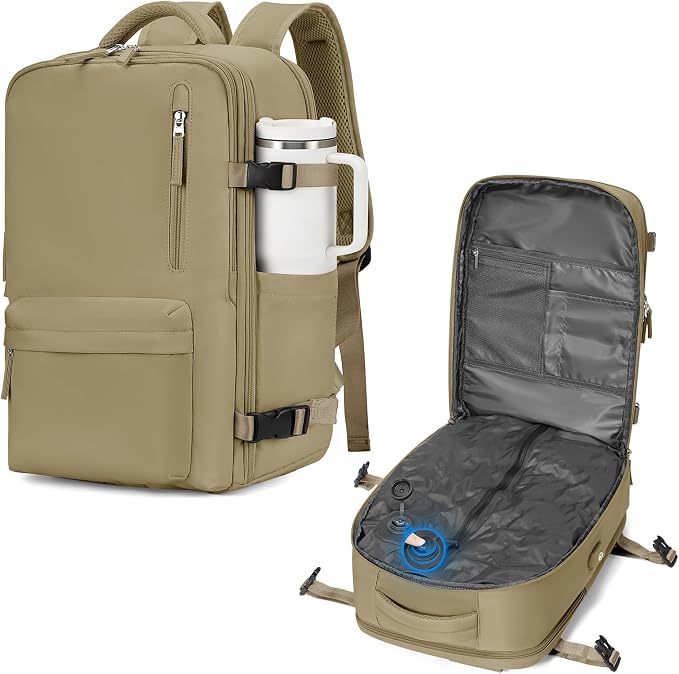 WONHOX Vacuum Seal Backpack for Travel with Air Pump 18x14x8 inches Vacpack Carry on Flight Approved Compression Daypack Laptop Space Saver Bag Storage with Vacuum System Travel Bags Women Khaki