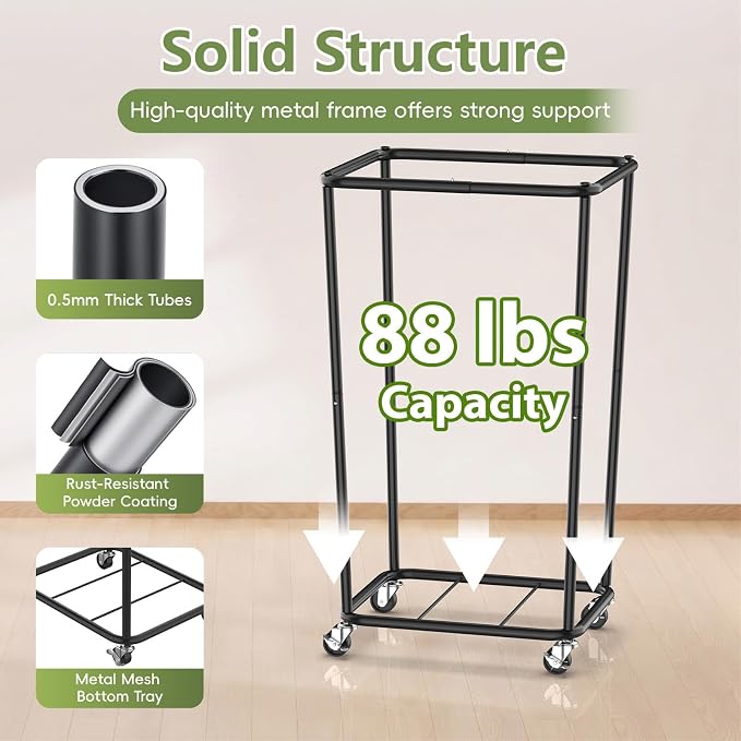 Laundry Hamper with Wheels and Lid, 110L Large Rolling Laundry Basket White | Heavy Duty Clothes Organizer, Sturdy Metal Frame, Lockable Swivel Casters, Removable Bag, For Bedroom, Bathroom, Laundry Room