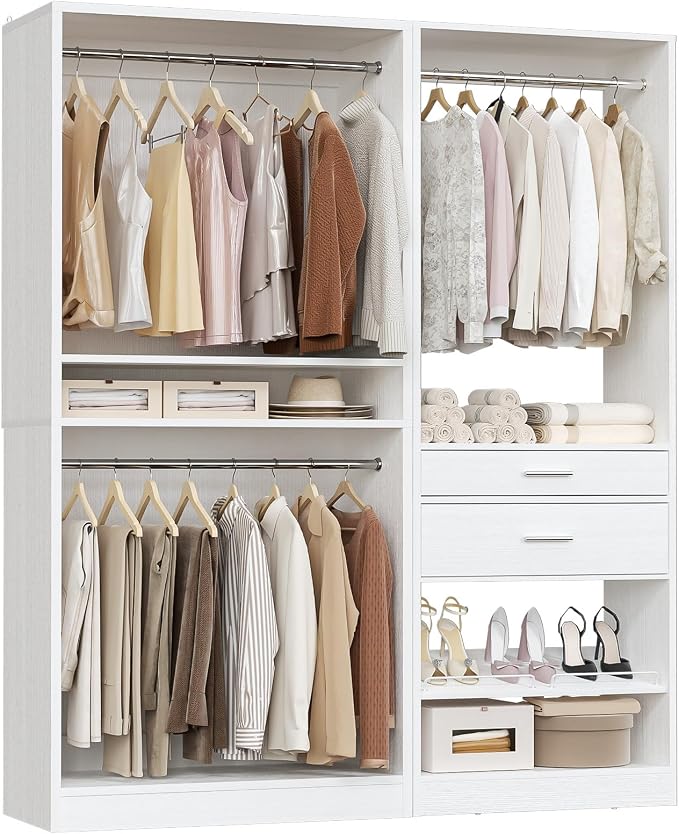 Unikito Closet System Set of 2, 5FT Closet Systems with 2 Wood Drawers, 61" Closet Organizer System with 3 Hanging Rods & 2 Shelves, Heavy Duty 61 Inch Walk-in Closet , White (61" L x 16" W x 80" H)