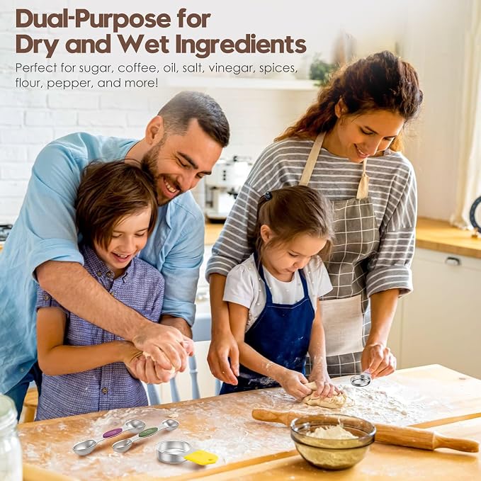 Magnetic Measuring Cups and Spoons Set – 304 Stainless Steel | Dual-sided Design | 15-Piece with Leveler | N52 Space-Saving Magnetic Nesting | Baking & Meal Prep | Kitchen Gift (Colorful)