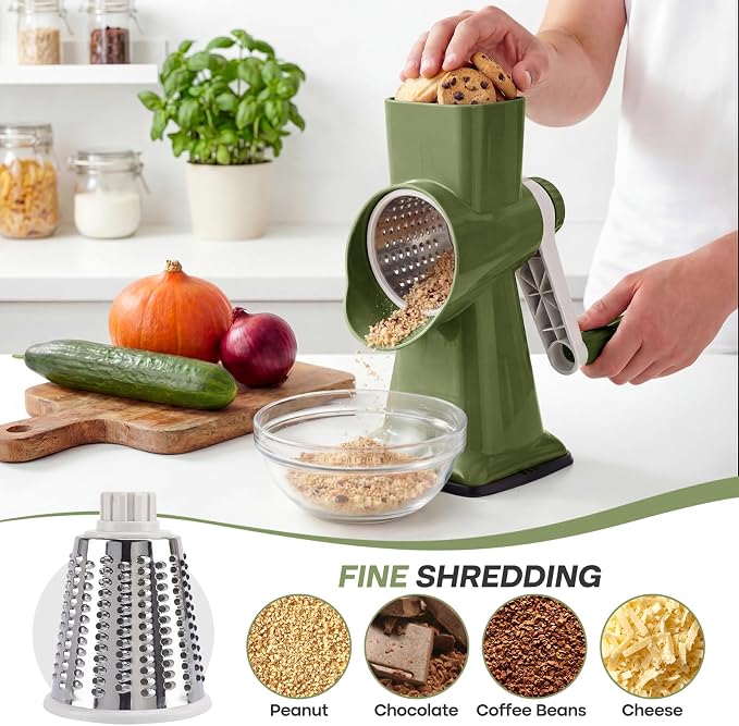 Rotary Cheese Grater,Cheese Shredder Hand Crank, Manual Cheese Grater for Veggies, 3-Blade Grater, Home Kitchen Appliances and Kitchen Gadgets (Green)