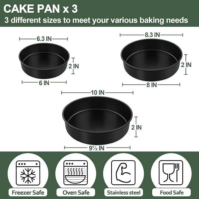 E-far Cake Pan Set of 3 (6 inch/8 inch/9½ inch), Nonstick Round Baking Cake Pans for Tier Birthday Wedding Cake, Stainless Steel Core & Non-Toxic Coating, 2 Inch Deep (Black)