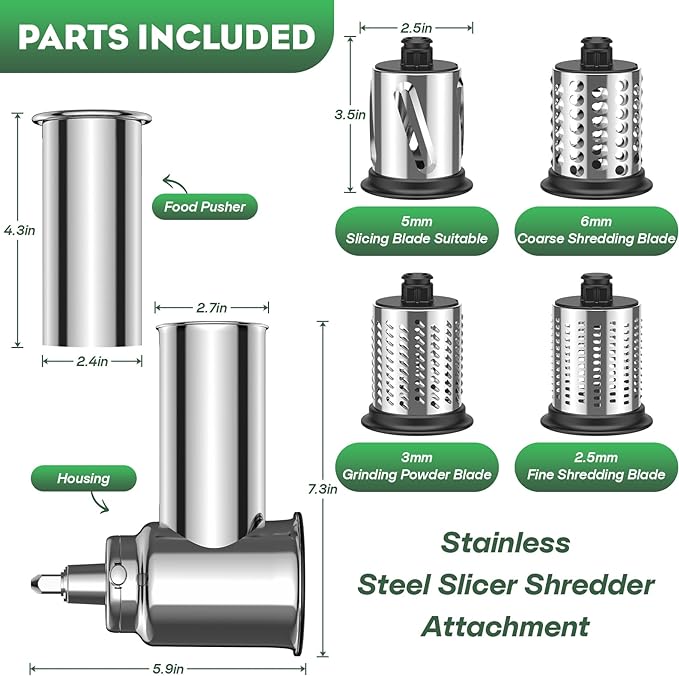 Stainless Steel Slicer Shredder Attachment for KitchenAid Stand Mixer, Includes Cheese Grater,Grinding Powder,Vegetable Slicer Shredder for KitchenAid cheese grater attachments with 4 Blades by HOZODO