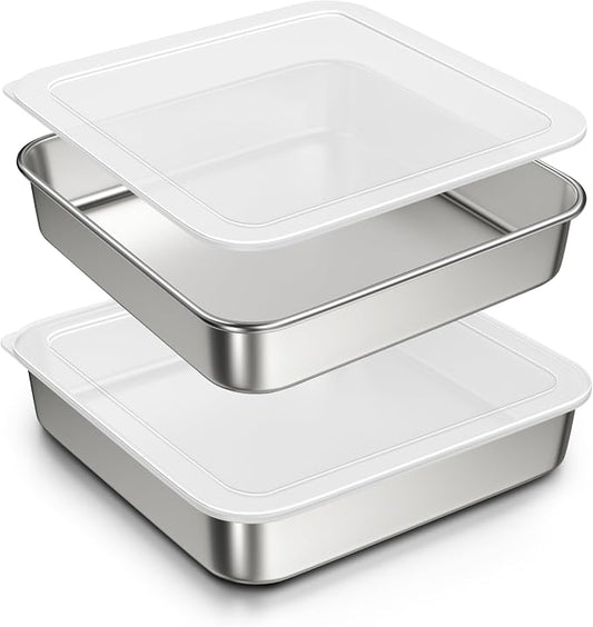 8 x 8-Inch Baking Pan with lid, 304 Stainless Steel Square Cake Pan, Bakeware for Cakes Brownies Casseroles, Thicker Rectangle Sheet Cake Pans, Non-toxic & Heavy Duty & Dishwasher Safe - Set of 2