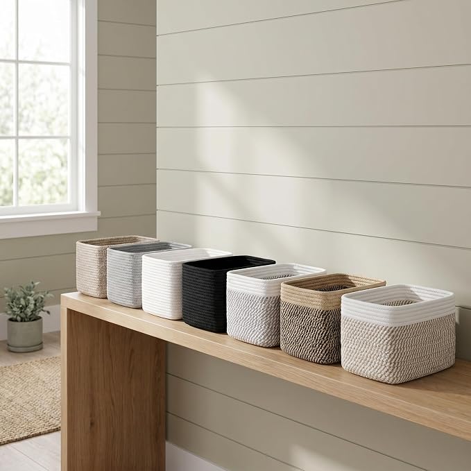 R RUNKA Small Cotton Rope Basket – Storage Bin for Organizing (10.6" x 6.7" x 6.7"), Bathroom Storage Basket for Shelf, Counter & Closet（Beige）