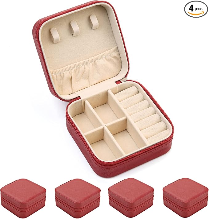 TRODANCE Mini Jewelry Case, Small Travel Jewelry Organizer, Portable Jewelry Box Mini Storage Organizer Display Box For Rings Earrings Necklaces (Red-4pcs)