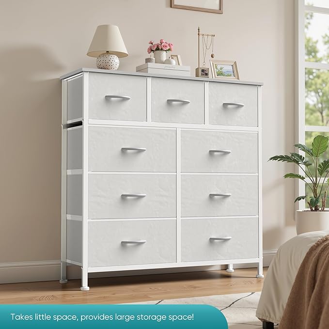 OLIXIS 9 Drawer Dresser for Bedroom, Closet Organizers and Storage, White | Tall Fabric Dresser with Wooden Top, Chest of Drawers for Clothes Storage, Tower Cabinet, Bedroom Furniture, TV Stand