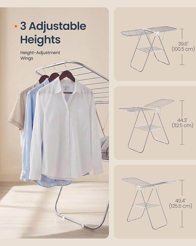 SONGMICS HOME Clothes Drying Rack with Wings, Foldable Laundry Rack with Sock Clips, Drying Clothes, Adjustable Height Airer for Indoor Outdoor Use, Silver and White