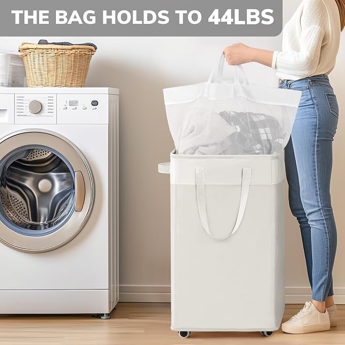 Goodpick 75L Hamper with Wheels & Wash Bag, College Dorm Room Essentials | Clothes Hamper with Removable Wash Bag for Laundry Room, Large Rolling Laundry Basket with Handles, White