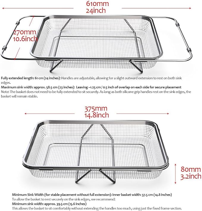 WAGENSTEIGER Extendable Dish Rack with Feet, Vegetable Colander Basket, Stainless Steel Dish or Silverware Drying Rack, Ultimate Kitchen Organizer Over the Sink (12.99 x 9.65 x 2.76 Inches)