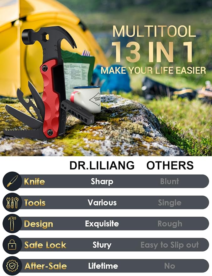Gifts for Men Christmas Stocking Stuffers for Him Hammer Multi Tool 13 in 1 | Men Gifts Holiday Presents Hammer Multitool White Elephant Secret Santa Dad Husband Camping Accessories Survival Tool Kit