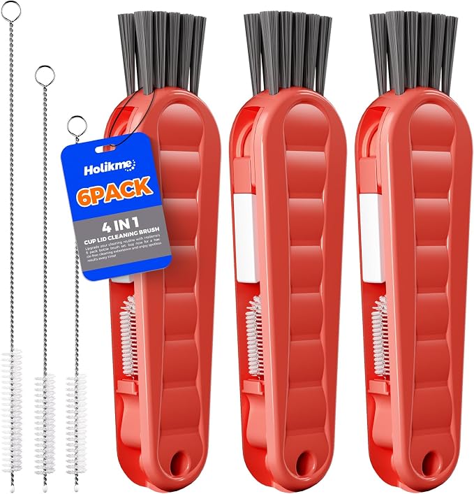 Holikme 6 Pack 4 in 1 Cup Lid Cleaning Brush 3 Straws Bottle Brush,Red | 4 in 1 Cup Lid Cleaning Brush Multifunctional Bottle Brush, Silicone Cup Lid Gap Cleaner, Bristle Crevice Cleaning Brush