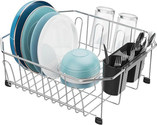GSlife Small in Sink Dish Drying Rack - Stainless Steel Compact Dish Drainer for RV Kitchen Apartment Sink, Rust Resistant Inside Sink Rack, 1–2 Person Households, 13.1" W x 14.4" L, Silver