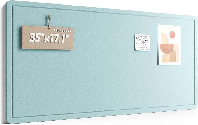 Fluxynara 35" x 17.1" Bulletin Board, Aqua Blue | Cork Board Alternative with 12 Removable Adhesive Tabs, Foldable Felt Pin Board for Home, Office, Classroom & Dorm