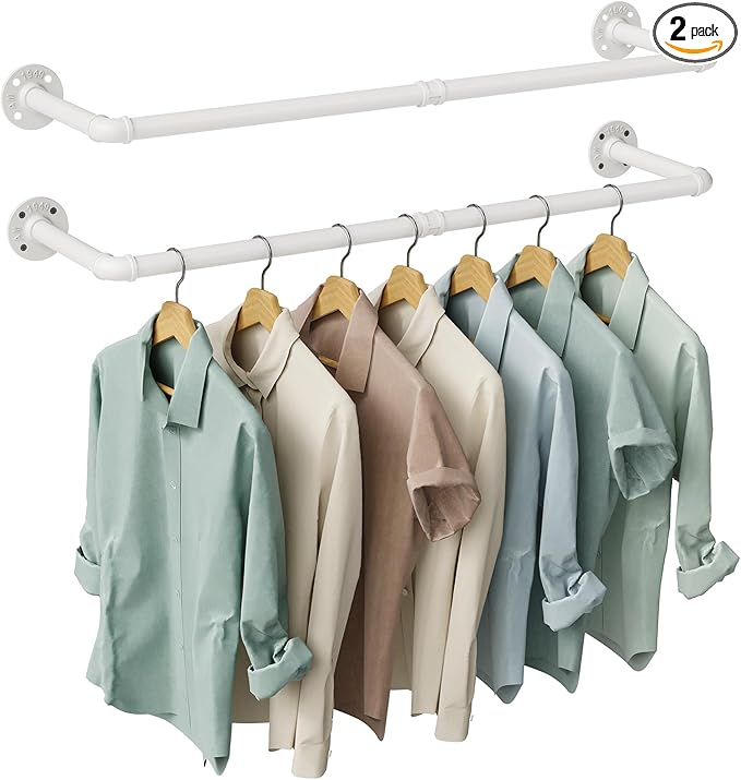 OROPY 38.4" Industrial Pipe Clothes Rack Wall Mounted, Heavy Duty, 2 Pack | Heavy Duty Iron Pipe Clothing Garment Rail, Multi-Purpose Clothing Hanging Rod for Laundry Room and Closet Storage, White