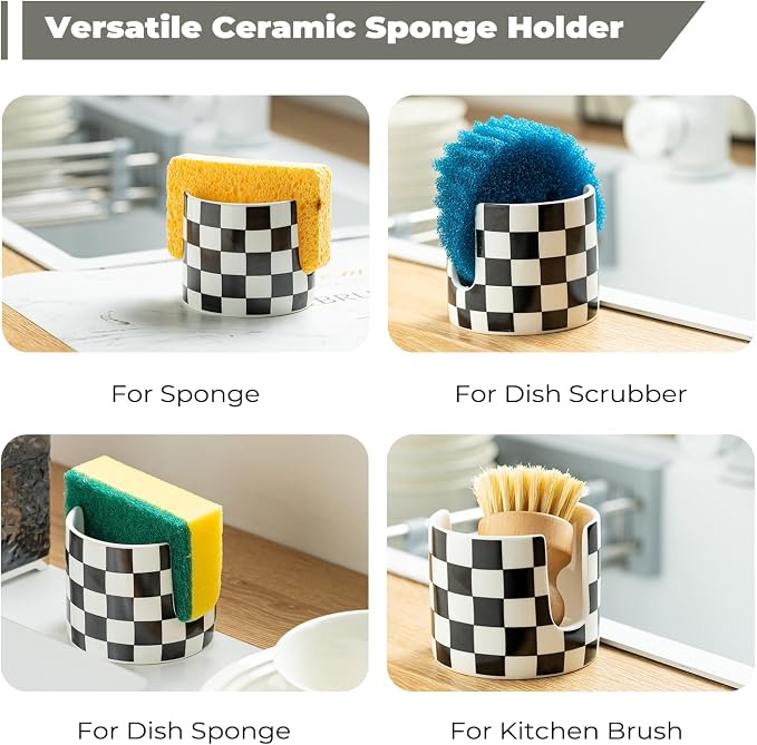 Zoeeker Checkered Kitchen Sink Sponge Holder, Dish Sponge Rack Ceramic Brush Holder Farmhouse Kitchen Drying Rack for Brush, Scrubbers, Bathroom, Sink, Black and White